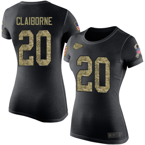 Women Football Kansas City Chiefs #20 Claiborne Morris Black Camo Salute to Service T-Shirt
